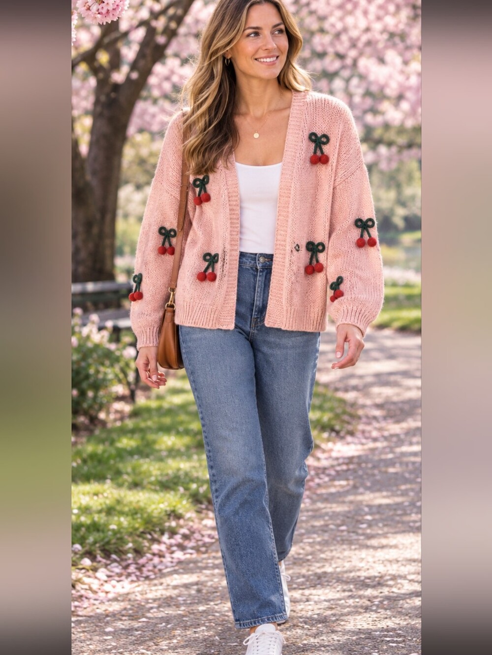 Luna Ivy Cherry Applique Knit Open Front Cardigan Size S